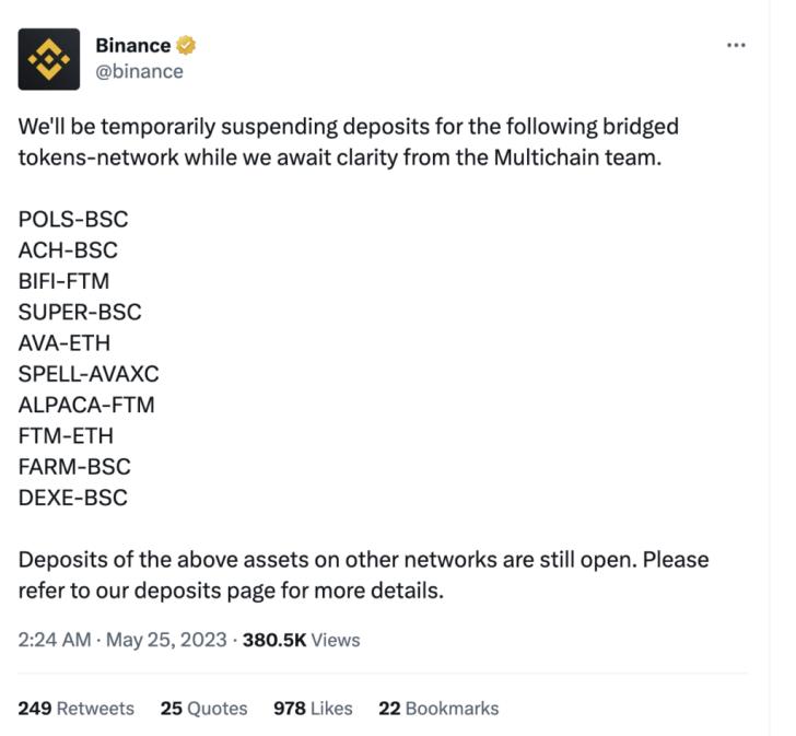 Deposit suspensions hit bridged tokens pending multichain team's clarification - 1